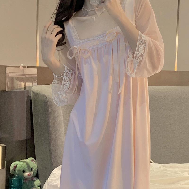 Long-sleeved Nightgown Women's Spring and Summer Court Princess Vintage Lace Sweet Long Homewear Net Sexy Pajamas