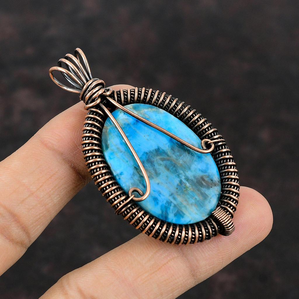 Неоновый апатитовый кулон, обернутый медной проволокой, кулон с драгоценным камнем, неоновый апатитовый медный кулон, обернутый вручную, ювелирные изделия из проволоки для подарка