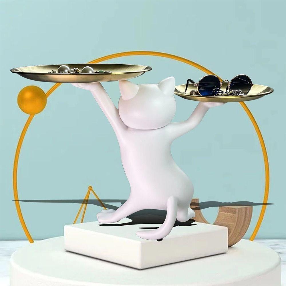 Whimsical Design Cat Support Tray Resin Ket Candy Dish Cartoon Cat Figurine Room Decoration