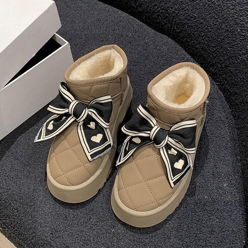 Сапоги Bow Snow Boots женские зимние бархатные утолщенные хлопковые сапоги теплые хлопковые туфли модные увеличивающие рост толстые подошвы симпатичные нескользящие сапоги