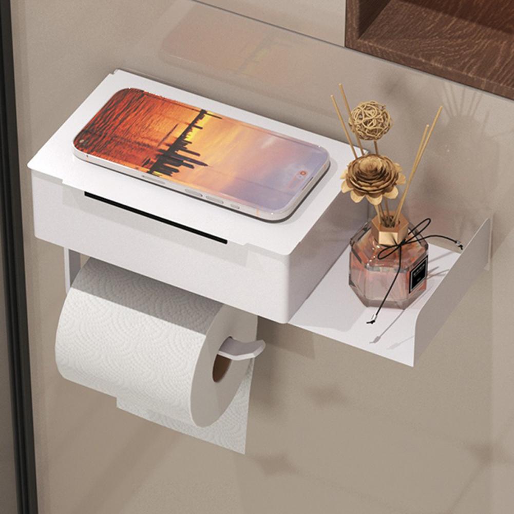 Toilet Paper Holder With Shelf And Drawer Wall Mounted Bathroom Holder Dustproof Wipes Dispenser For Space Saving Storage