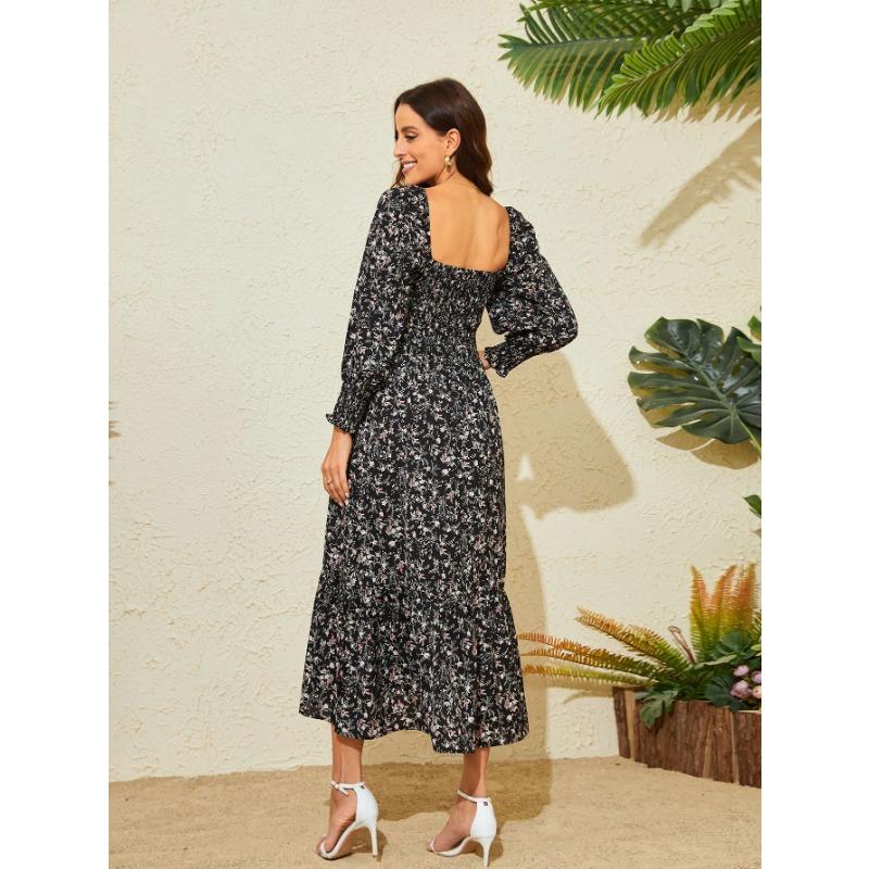 YYFS Women's Fashion Spring Fall Flower Pattern Print Long Sleeve Square Collar High Waist Casual Dresses
