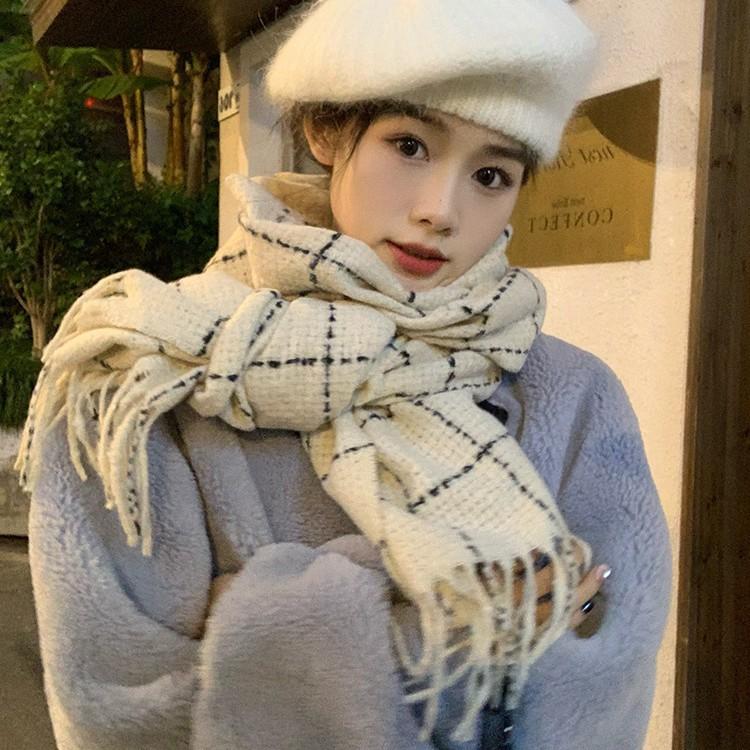 Plaid Imitation Cashmere Scarf for Women Winter New High End Versatile Shawl Student Warm Scarf White