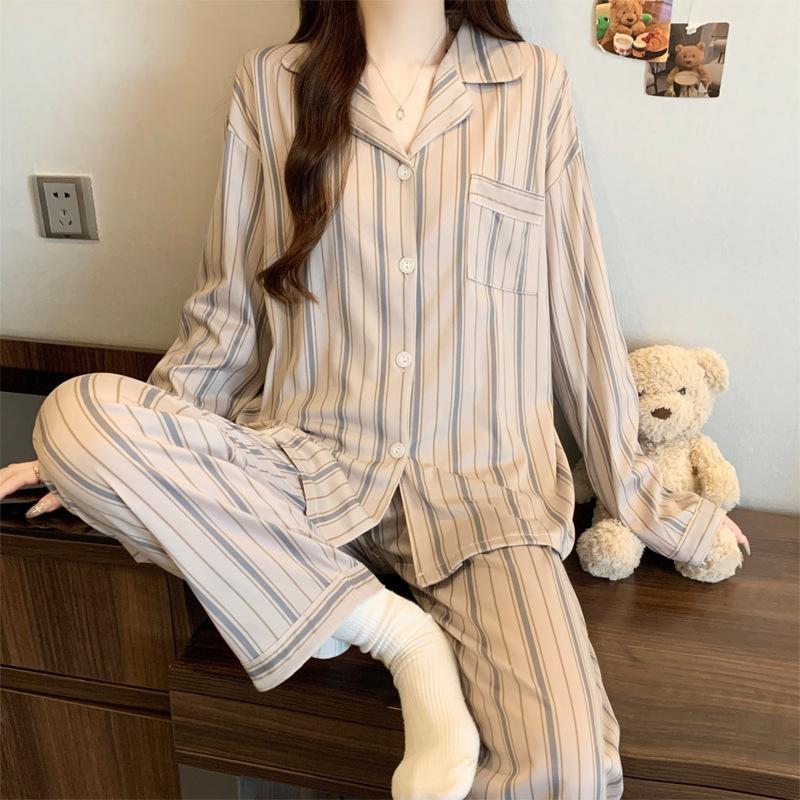 American retro style cardigan pajamas women's spring new long-sleeved trousers spliced plaid loungewear can be worn outside