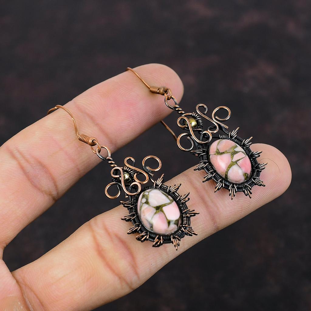 Серьги из медного розового опала, серьги из медной проволоки, драгоценные камни, розовые опаловые украшения, стильные серьги, украшения из медной проволоки ручной работы, подарок для женщин
