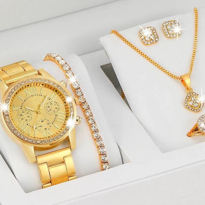 5Pcs/Set Niche Fashion Versatile Steel Belt Watch Stud Earrings Necklace Bracelet Ring Set No Gift Box