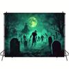2D flat banner 1pc Halloween Zombie Graveyard Moonlight Banner - Horror Graveyard Scene with Bats and Crosses.PMJ