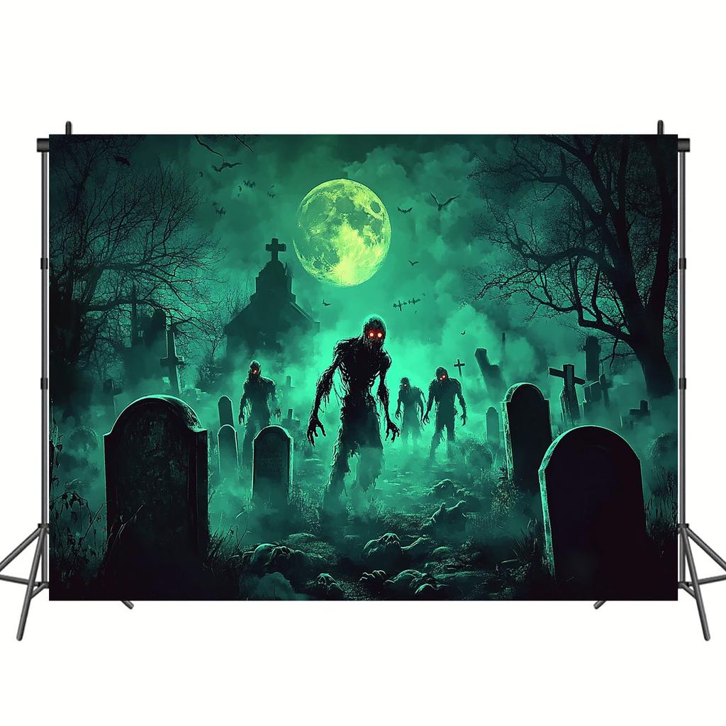 2D flat banner 1pc Halloween Zombie Graveyard Moonlight Banner - Horror Graveyard Scene with Bats and Crosses.PMJ