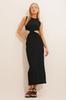 Women's Dress New Season Fashion Dark Navy Blue Outcut Self-Textured Midi Length Dress