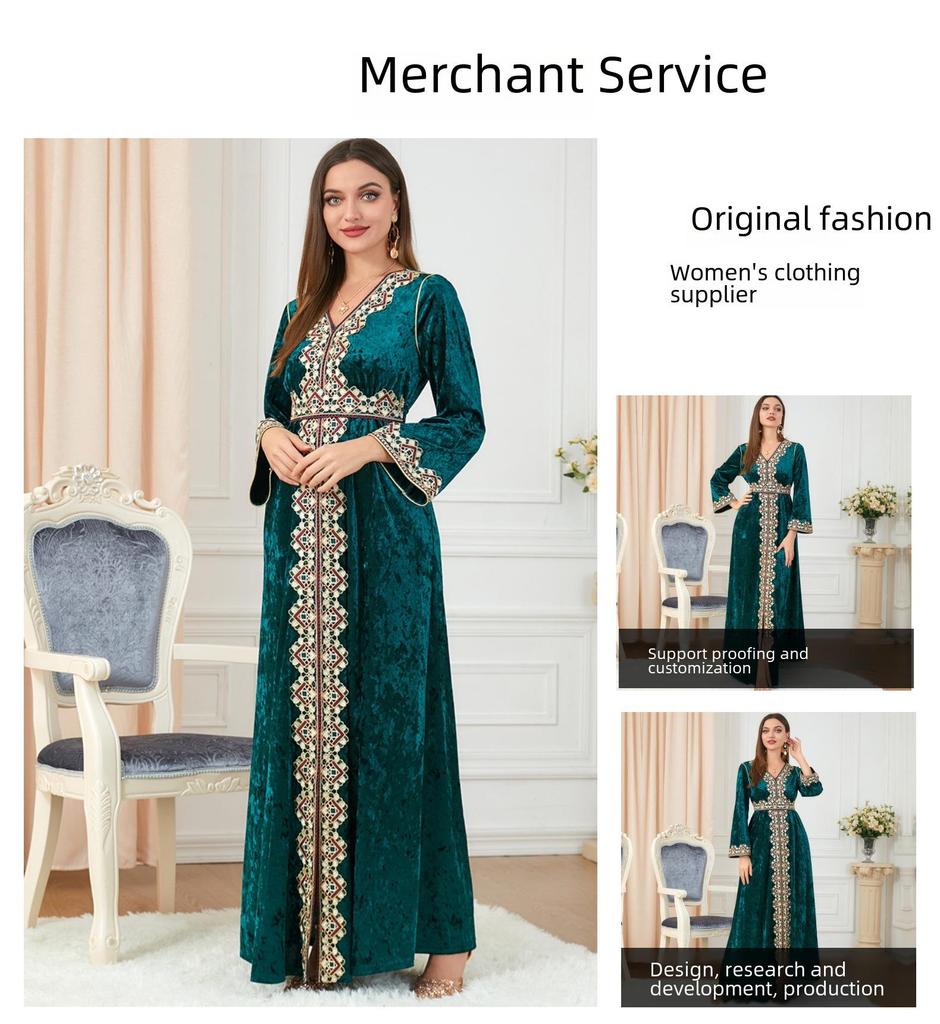 Длинная юбка из золотого бархата с вышивкой и разрезами на рукавах, осенне-зимнее платье для мусульманских женщин