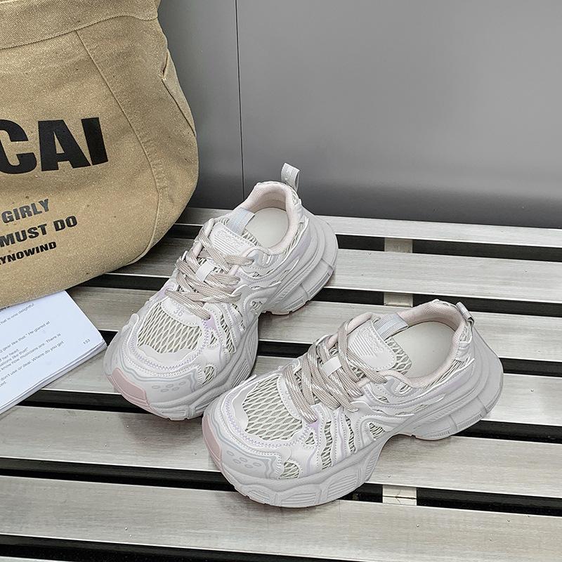 Европейские кроссовки на толстой подошве для женщин, весна-лето 2025, сетчатые, дышащие и универсальные, трендовые маленькие повседневные спортивные туфли