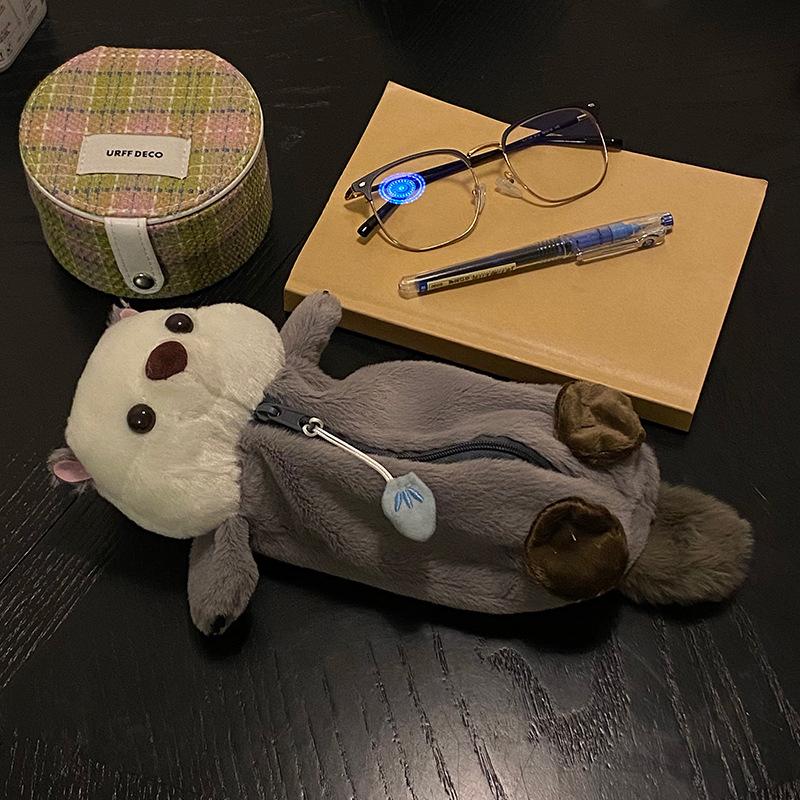 Plush Sea Otter Pencil Case Portable Pen Marker Holder School Supplies Cartoon Soft Pencil Pouch Pen Bag Makeup Pouch