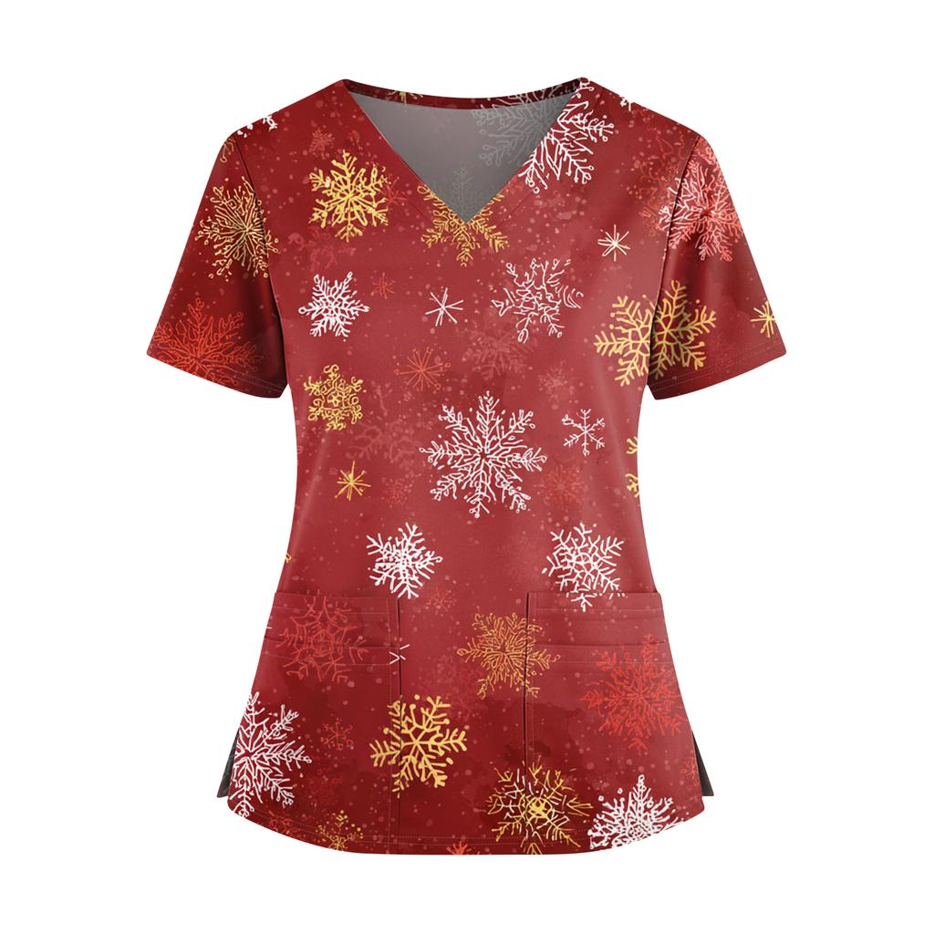 Женский рождественский топ с принтом, V-образным вырезом, двумя карманами, короткими рукавами, разрезом по подолу, униформа для сиделки