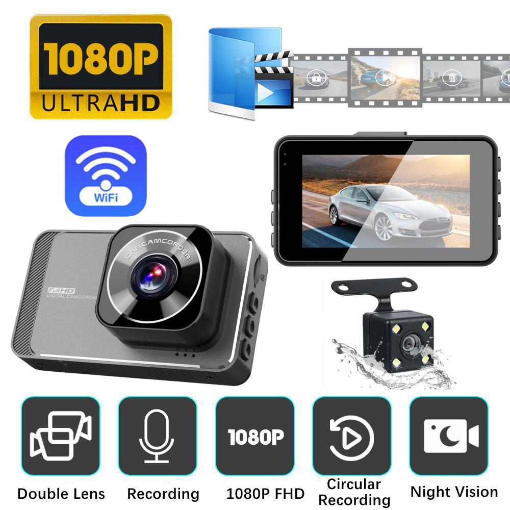 Dual Lens Dash Cam with Night Vision, 3" HD 1080P, WiFi, and Front & Rear Recording