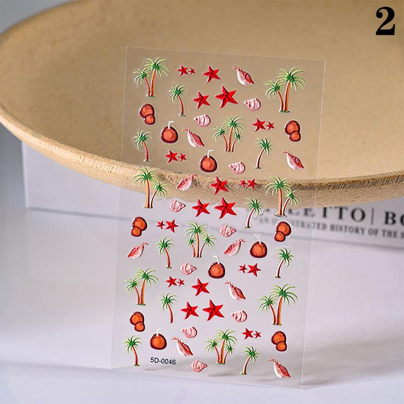 Красочные 5D рельефные наклейки для ногтей в стиле океана, морская звезда, ракушка, кокосовая пальма, трехмерные рельефные наклейки для ногтей