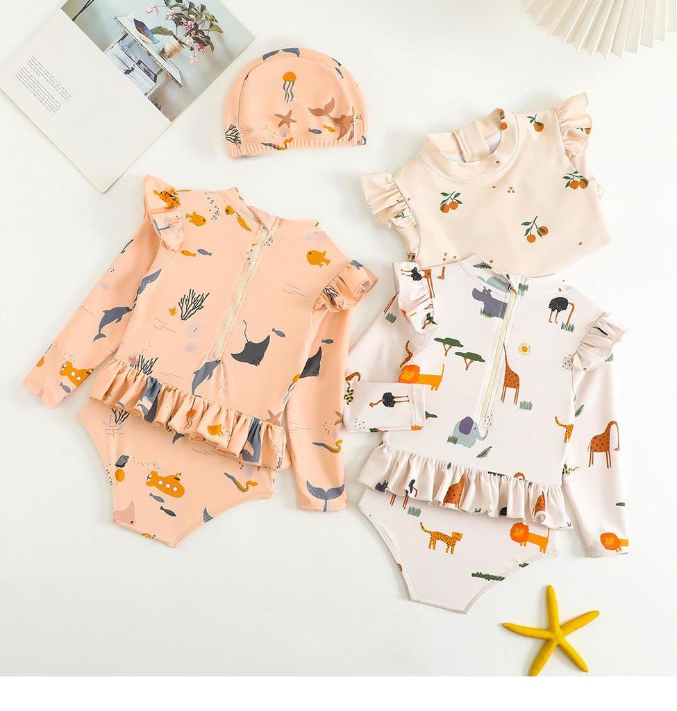 New Summer Children's Swimwear Girls' Bikini Cartoon Print Baby Boys' Swimsuit Long Sleeve Sunscreen Beach Swimming Clothing