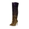 European and American Sexy Gradient Sequin Fabric, High Heels, Side Zippers, Knee High Fashion Boots, Women's Thick Soled Boots