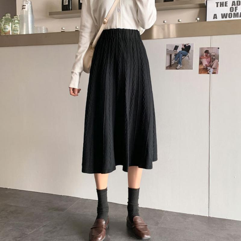Юбки из толстого трикотажа в рубчик, женские, большие, свободные, повседневные, миди, осенние, элегантные, А-силуэта, плиссированные, абрикосового цвета, длинная трикотажная юбка