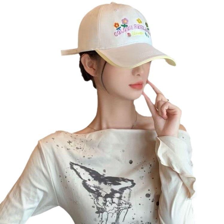 Letter embroidered baseball cap sweet flower small face cap women's new trendy soft top big head versatile yellow circumference