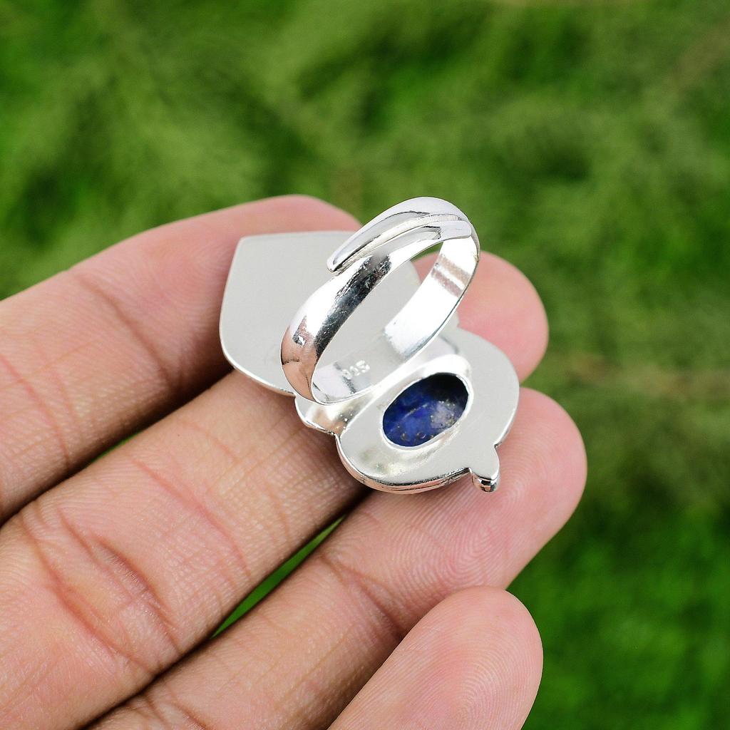 Natural Lapis Lazuli Gemstone Promise Adjustable Ring 925 Silver For Women