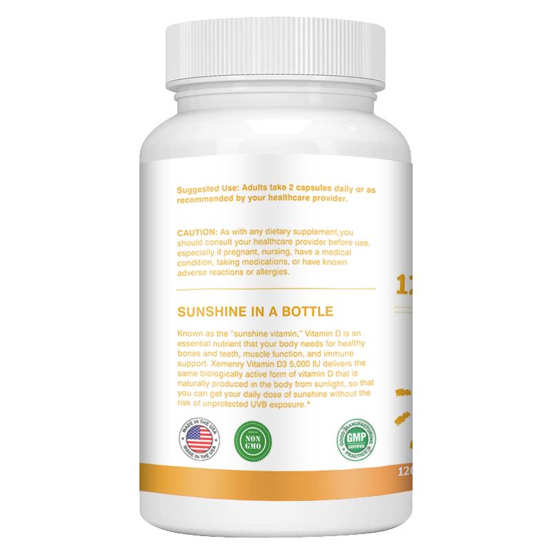 XEMENRY Vitamin D3 Extract Capsules, 5,000 IU per serving, high purity, all-natural, suitable for both men and women.