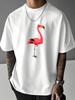 Unisex Summer White Short Sleeve Tee Simple Pink Flamingo Bird Graphic Print Crew Neck Loose Male Casual Streetwear Tops