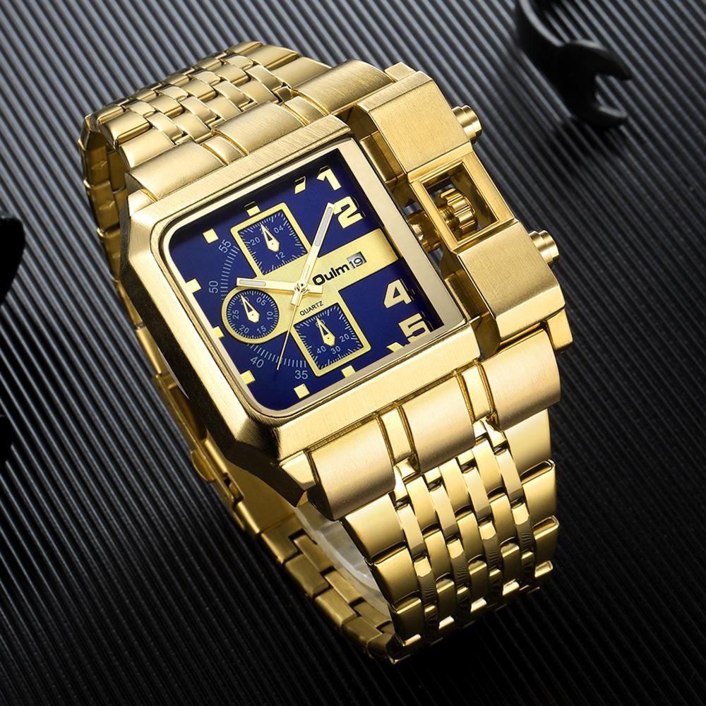 Oulm Gold Dial Men's Watch Steel Band Calendar Square Quartz Men's Watch Casual Style