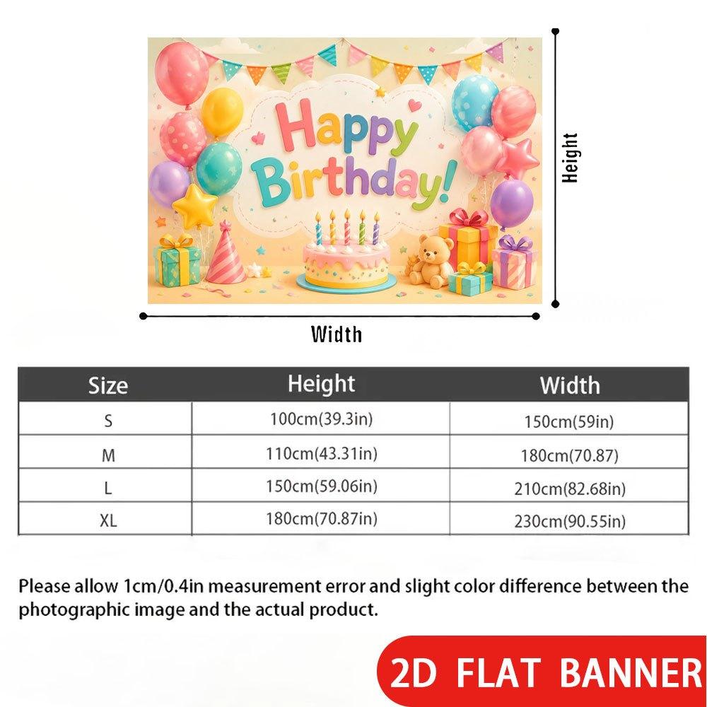 2D Flat Banner, Birthday Backdrop, Cake, Balloons, Gifts, Teddy Bear, Polyester, Photography Background
