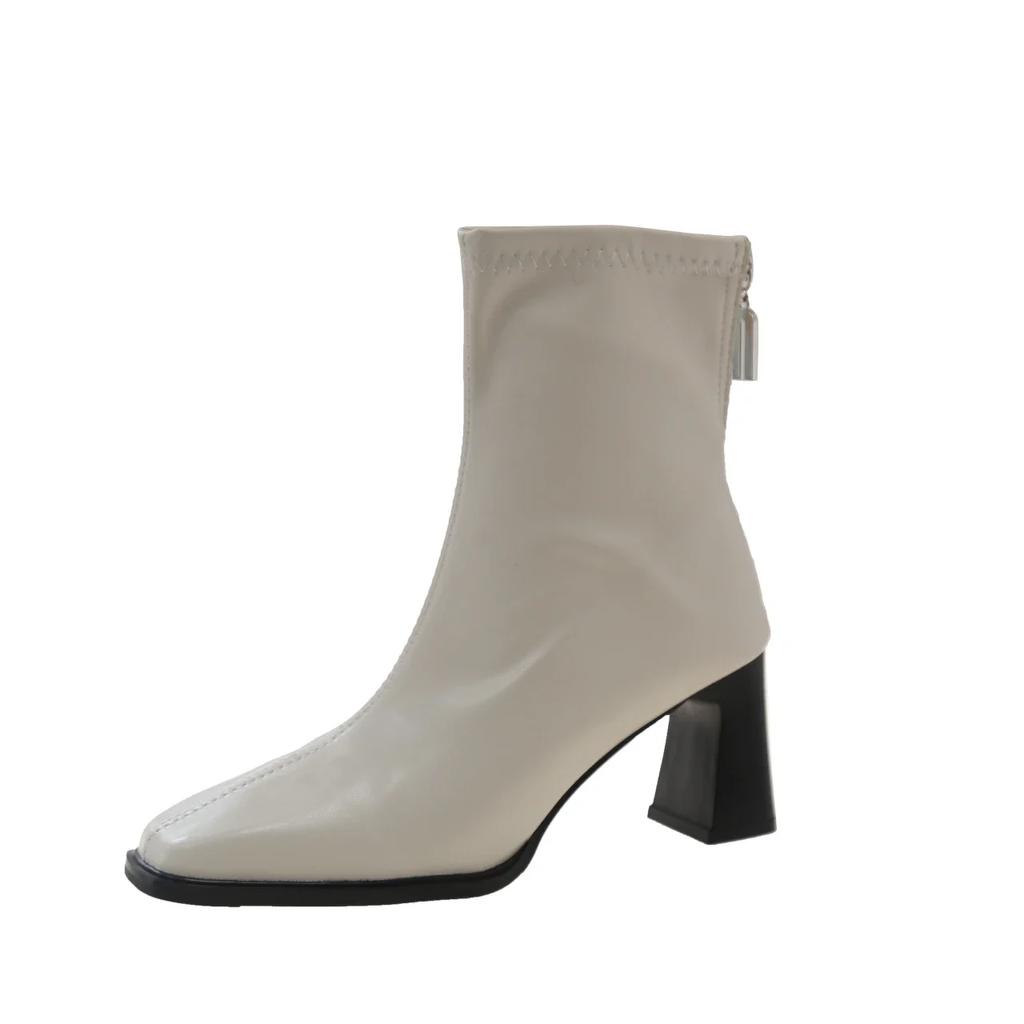 2024 Plus Size Shoes for Women Ankle Women's Boots Elegant Modern Boots Women Sewing Square Toe Back Zip High Heels Shoes Female