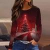 Женская модная повседневная футболка с разрезом по низу, круглым вырезом, длинными рукавами, свободного кроя, с рождественским принтом, женский топ