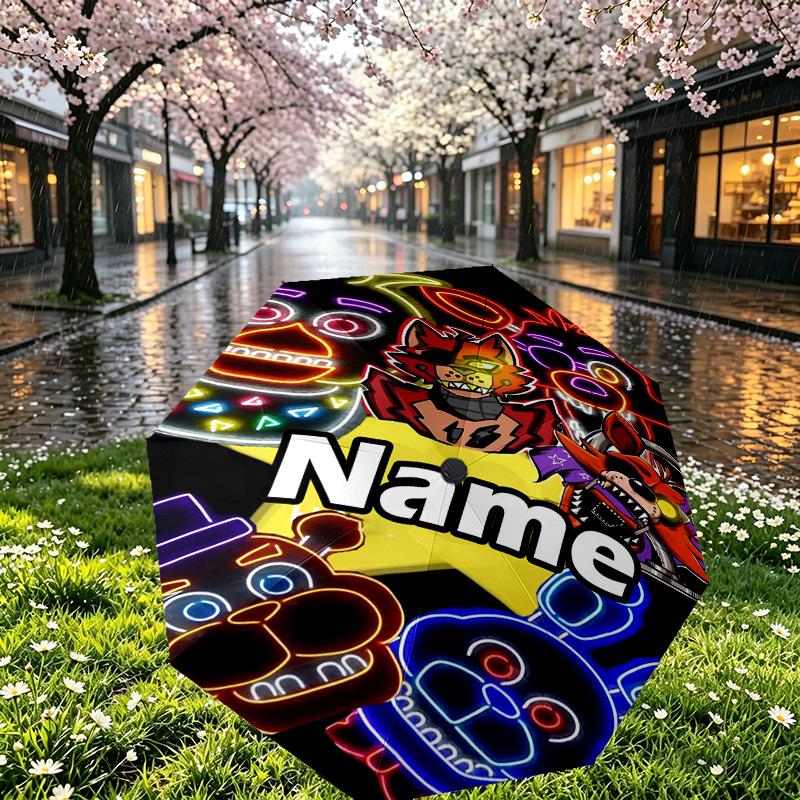 Custom Name Personalized Five Nights at Freddy's Print Umbrella, Auto Open Close, 8‑Rib Sturdy Frame, Commute Camping Hiking Use, Birthday Gift