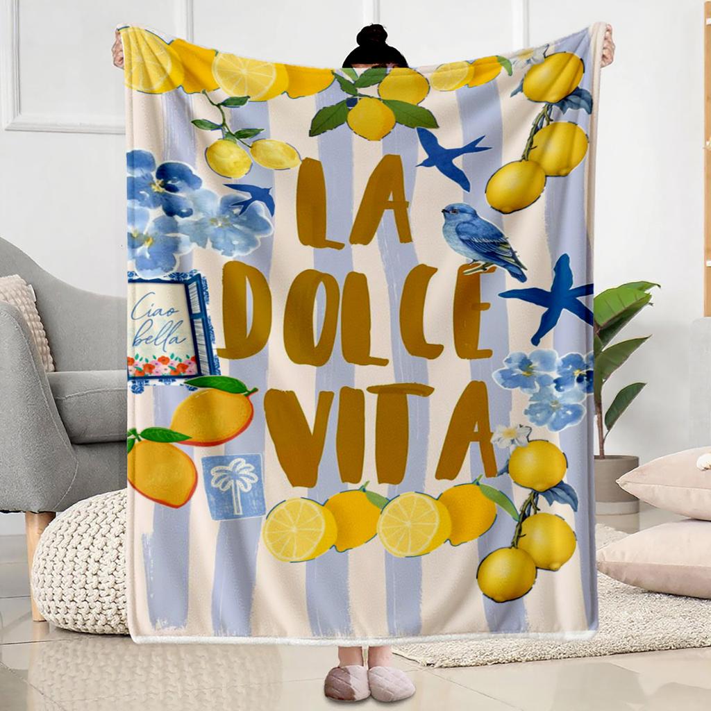 Classic Lemon Pattern Blankets Warm Cozy Sofa Throw Blanket Elegant Blue Stripes Room Decor Bed Nap Bedspread Blanket Luxury