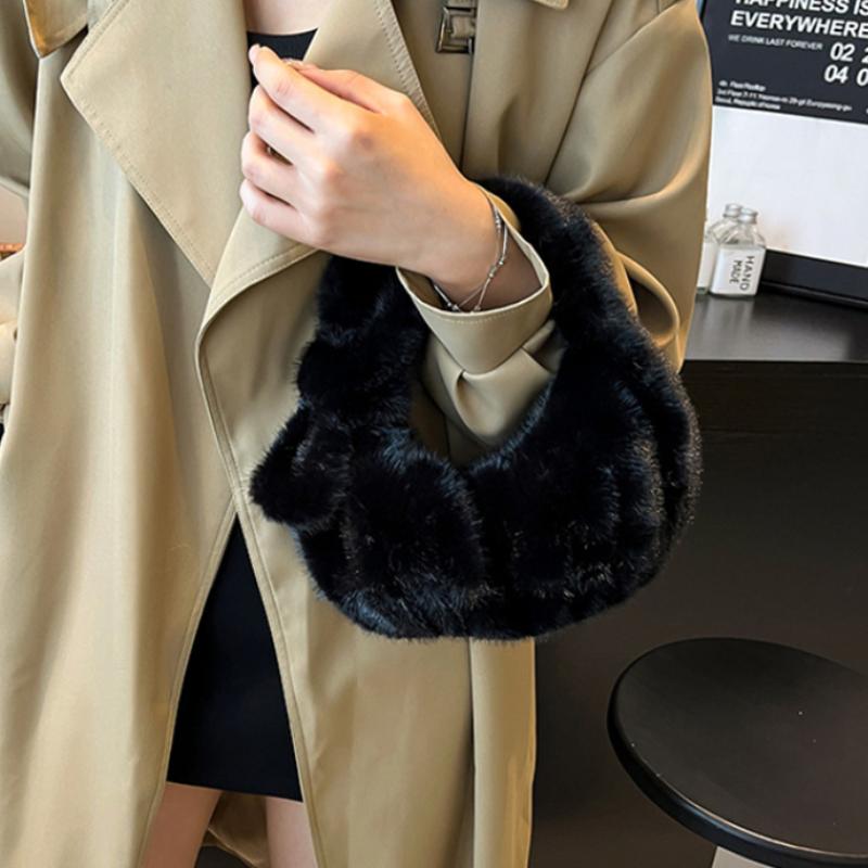 Women's Luxury Plush Clutch Cute Bow-shaped Handbag Headphone Coin Purse Fashion Faux Fur Solid Color Soft Pleated Cloud Bag