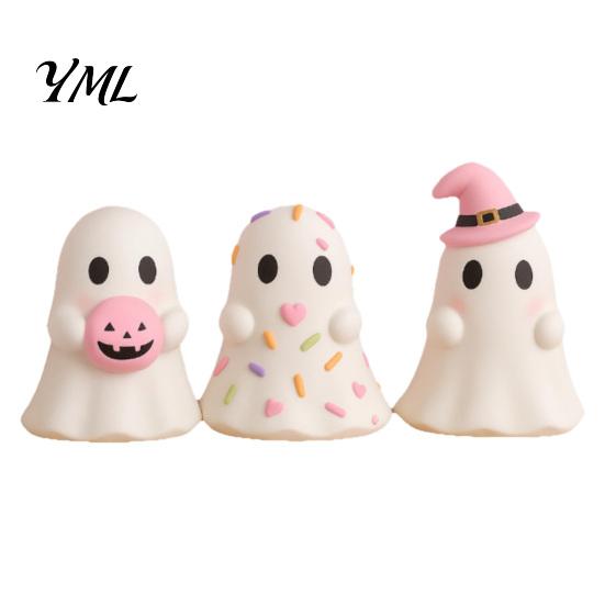 Desktop Halloween Decoration Cute Ghost Resin Figurine, Candy Pumpkin Witch Hat Figurine for Kids Desk Decor Girls, Pink White Kawaii Tabletop
