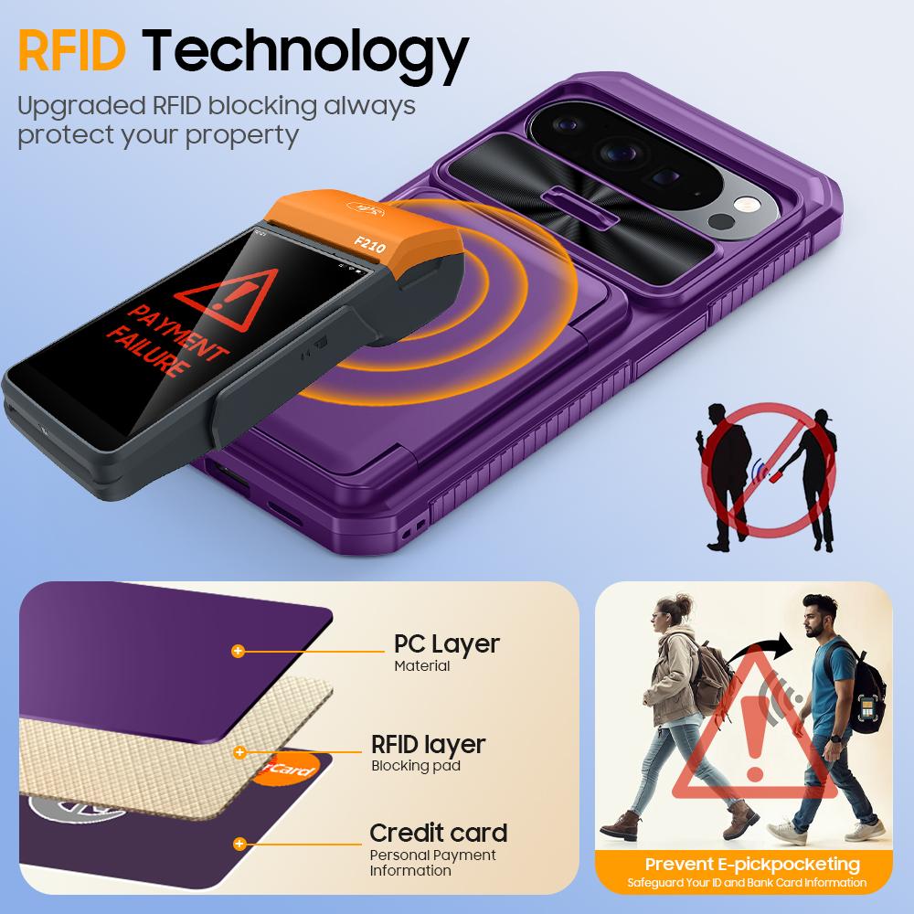 With Card Holder Sliding Camera Cover And Stand For Google Pixel 10 Pro XL Phone Case, Anti-Fall PC+TPU Wallet Case-Purple
