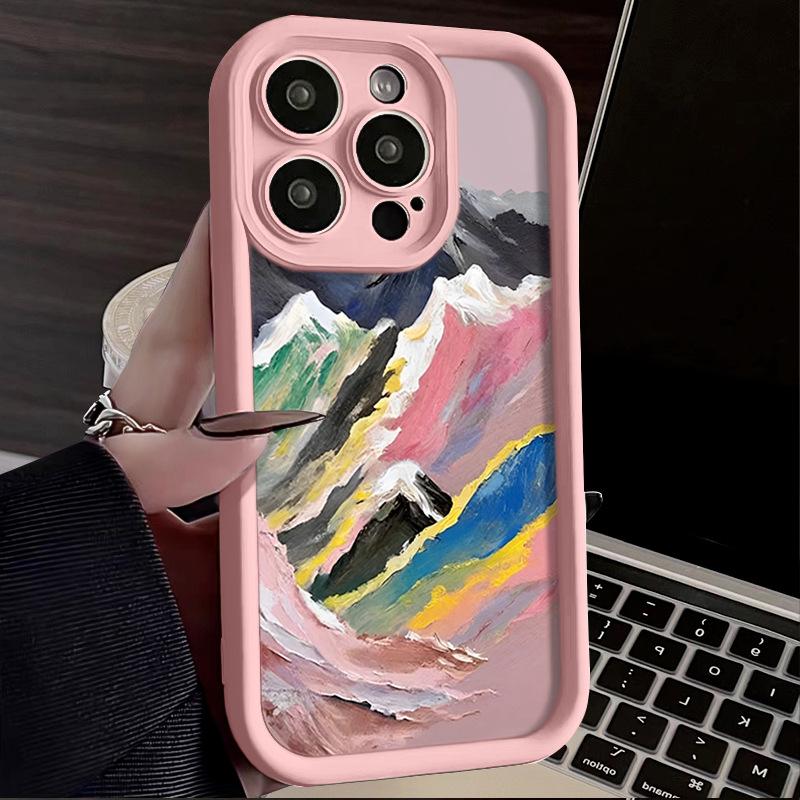 Oil painting Rainbow Mountains Phone case iPhone 15 Pro Max 11 12 13 16 14 Plus Silicone Shockproof Case Lens protector shell