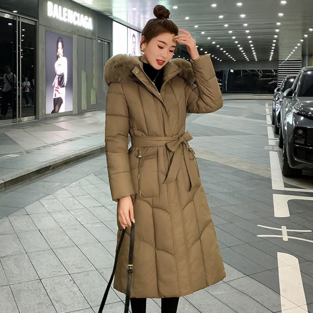 Женская длинная хлопковая одежда выше колена однотонного цвета, новая осенне-зимняя корейская версия, приталенная, модная, с большим меховым воротником, хлопковая одежда