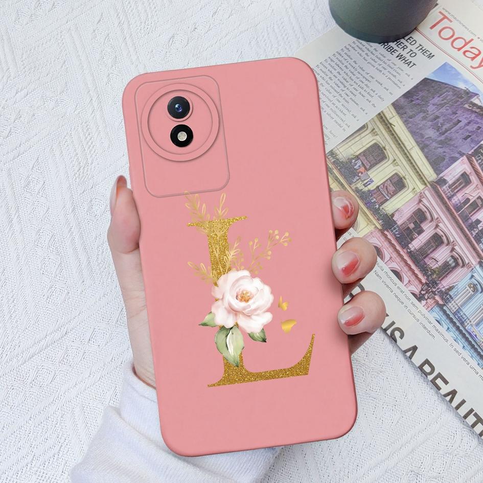 Чехол для телефона Vivo Y02S Y11 Y12 Y15 Y16 Y17 Y19 Y20 Y21 Y30 4G 5G Роскошный защитный жидкий мягкий силиконовый чехол с цветочными буквами для Vivo Bumper Coque