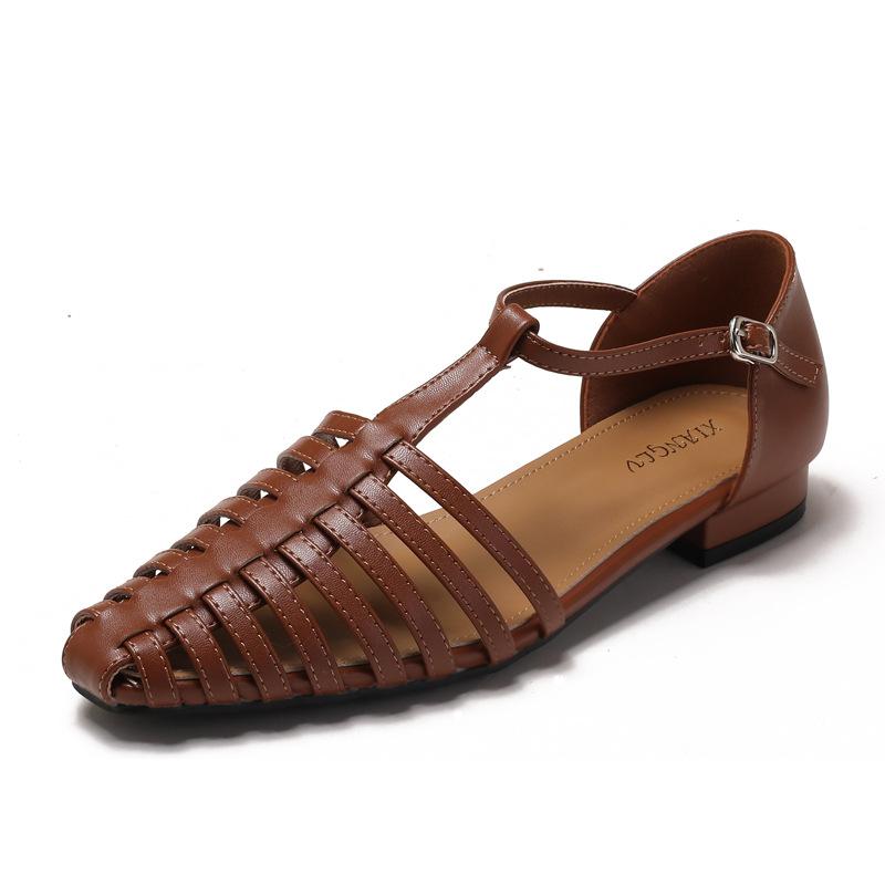 Модные сандалии женские лето 2025 новые ретро плетеные носки женские на плоской подошве полые римские туфли большой размер 42 43 44 женская обувь
