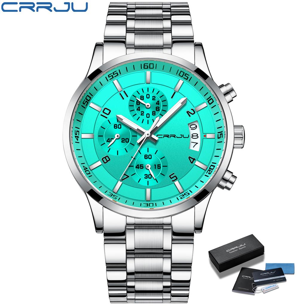 CRRJU Casual Sport Wrist Watches for Mens Stainless Steel Band Quartz Chronograph Wristwatches with Luminous Hands