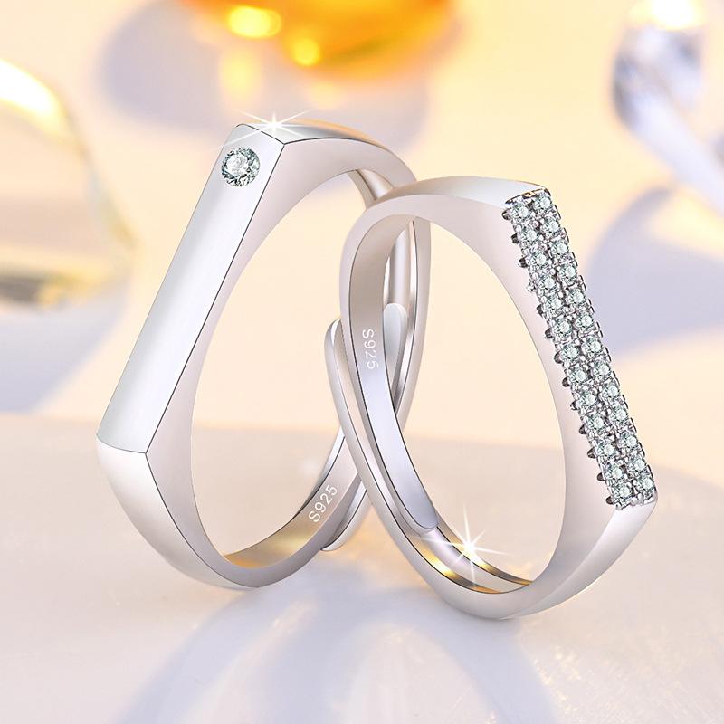 2PCS 925 Sterling Silver Ring Adjustable Open Couple Engagement Rings for Women Men Wedding Ring Party Fashion Jewelry Gift