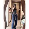 Dark Blue Washed Slightly Flared Sweatpants with Contrasting Stitching and White Matchstick Embroidery Pants