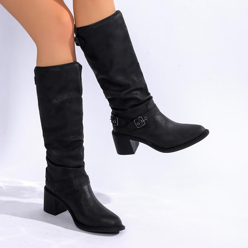 Block Heel Tall Boots Fall New Pointed Toe Rear Zipper Metal Belt Buckle Anti-Slip Wear-Resistant High Heels