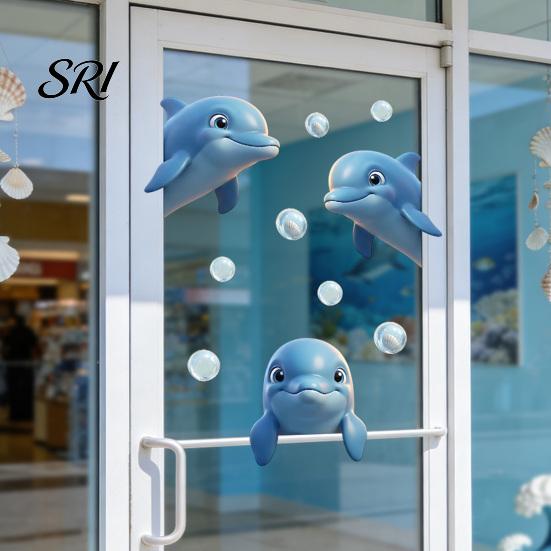 Window Sticker Transparent under The Sea Mermaid Clings Ocean Animal Whale Turtle Octopus Reusable Decoration Seahorse Anti-Collision Glass