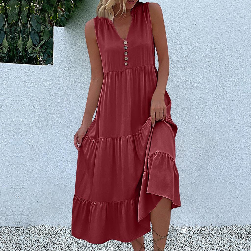 Women's Fashion Sleeveless Pleated Loose V-Neck Mid-Length Solid Colour Dresses