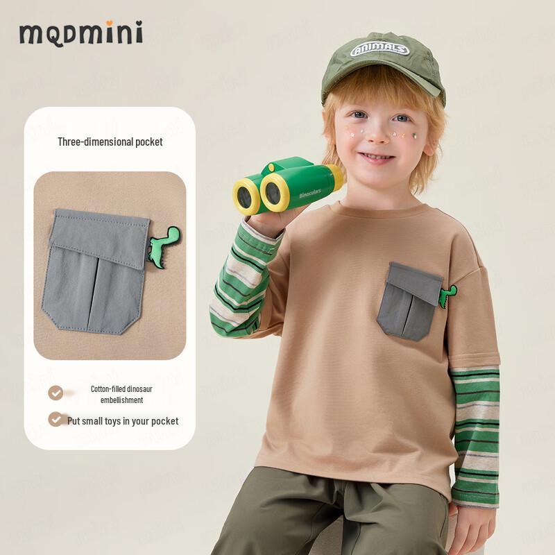 MQDMINI Футболка с длинным рукавом для мальчиков, 3D-динозавр, карман, имитация двух предметов