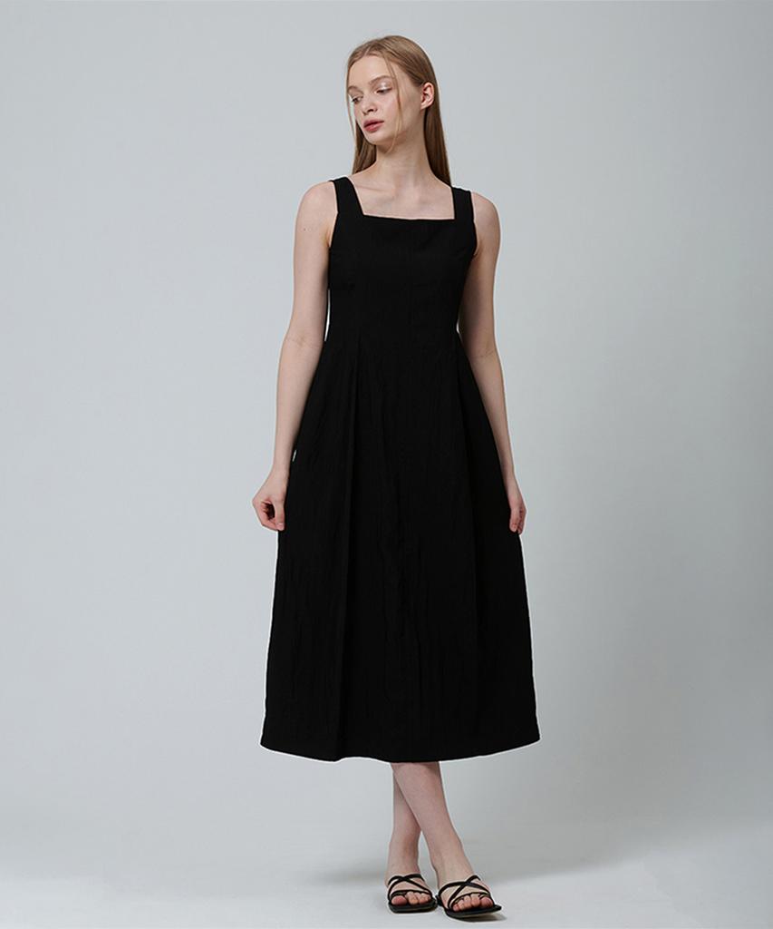 Pin Black Square Neck Pintuck Sleeveless Dress Black