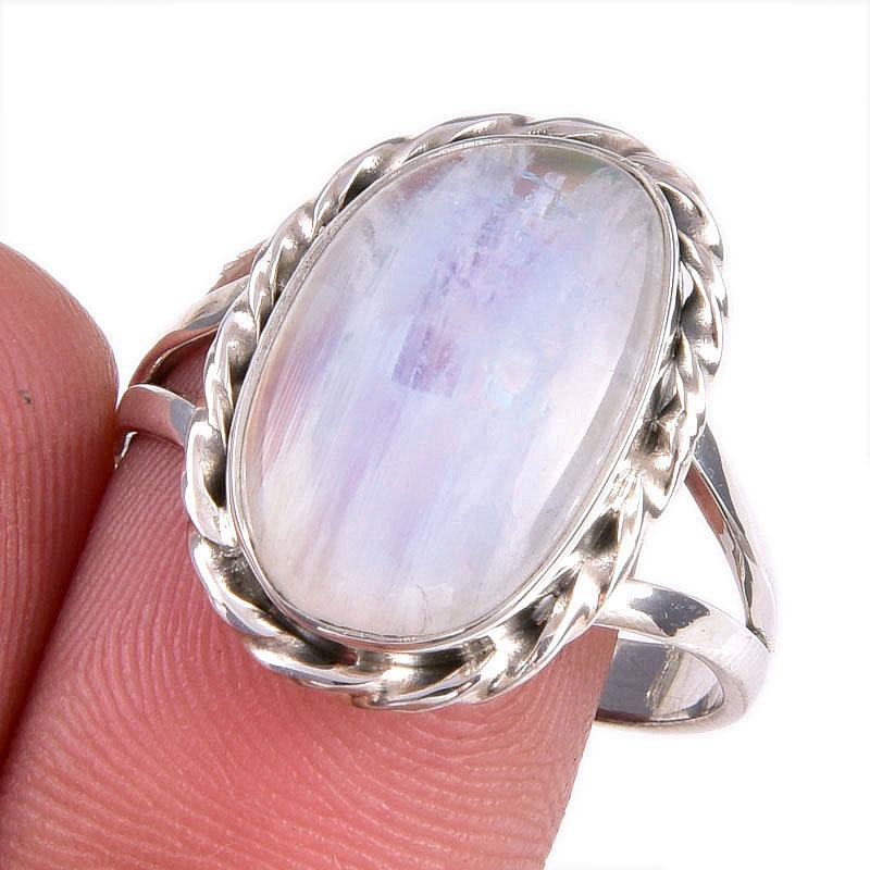 Natural Rainbow Moonstone Gemstone 925 Solid Silver Jewelry Ring Size 9.5 D3Y38