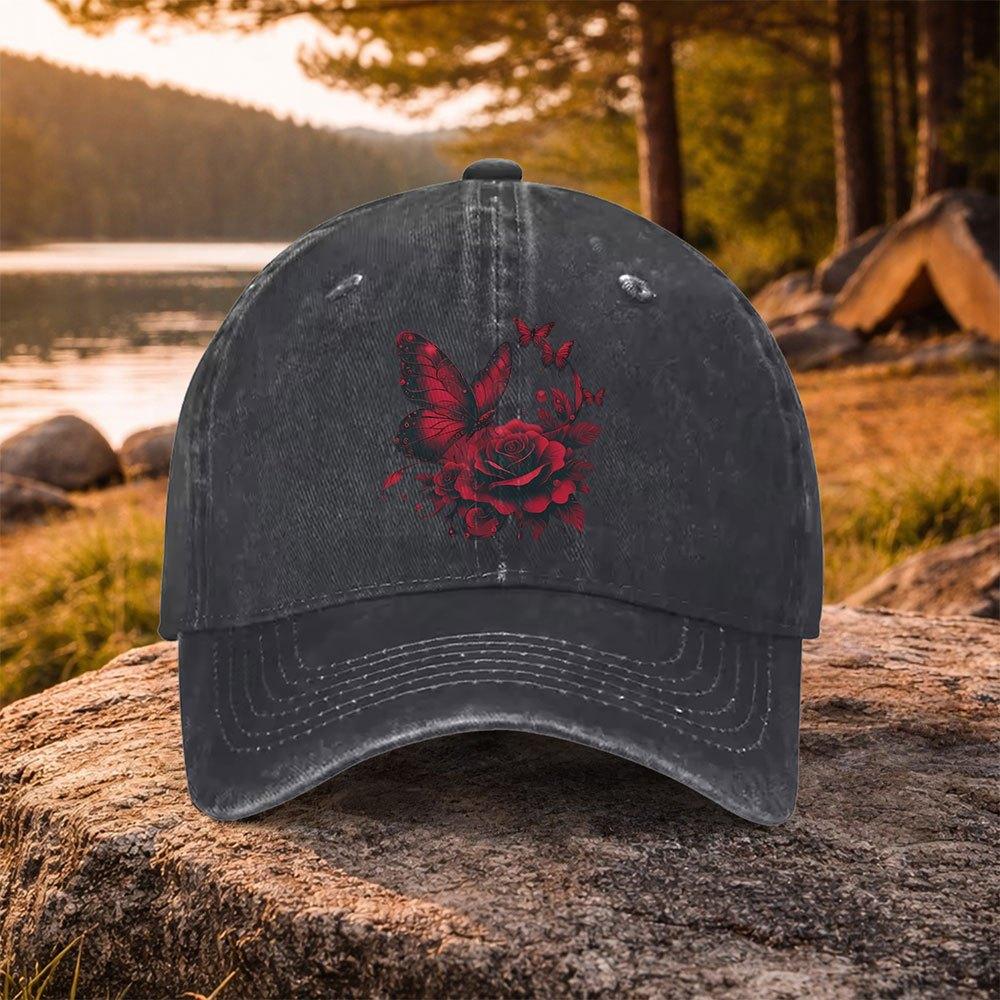 Red Butterfly Rose Baseball Cap Distressed Washed Cotton Outdoor Adjustable Strap Hat