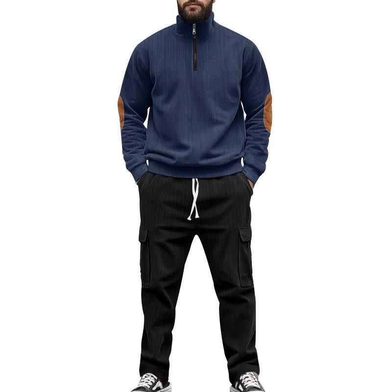 Mens Corduroy Half-Zip Stand Collar Long Sleeve Casual Set Winter Lightweight Urban Outfit